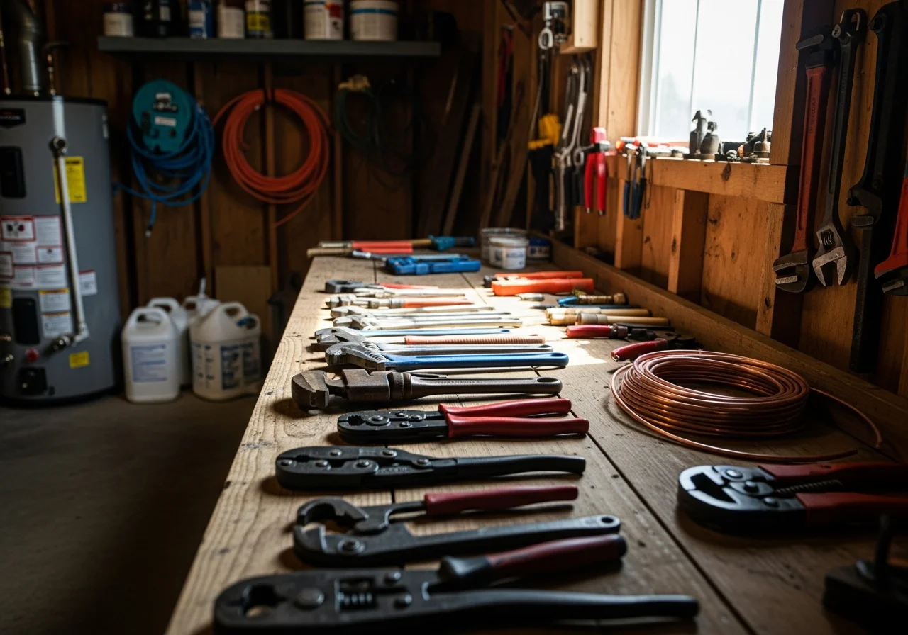 Plumbing tools and equipment arranged on a workbench, representing professional trade readiness and service quality.