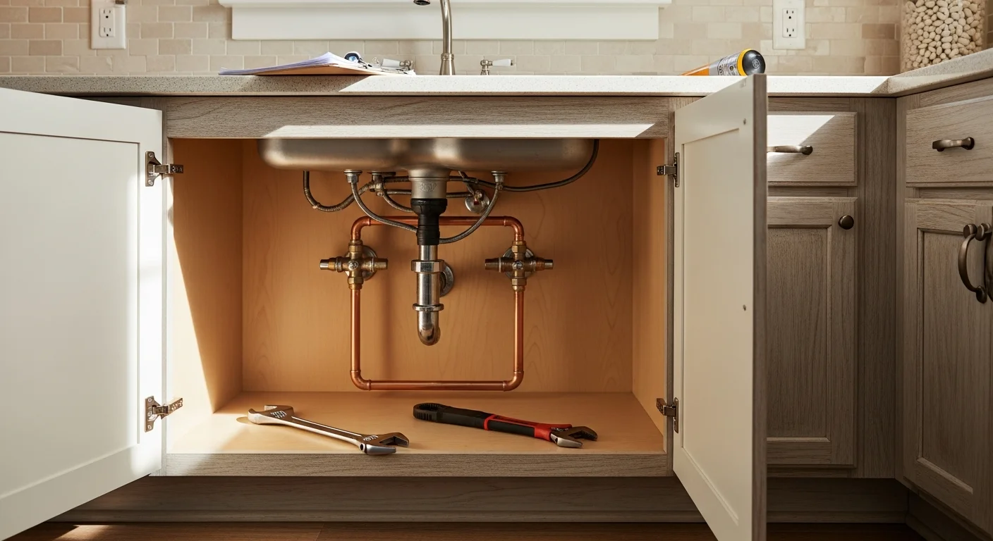 Professional plumber servicing pipes in a residential rental property