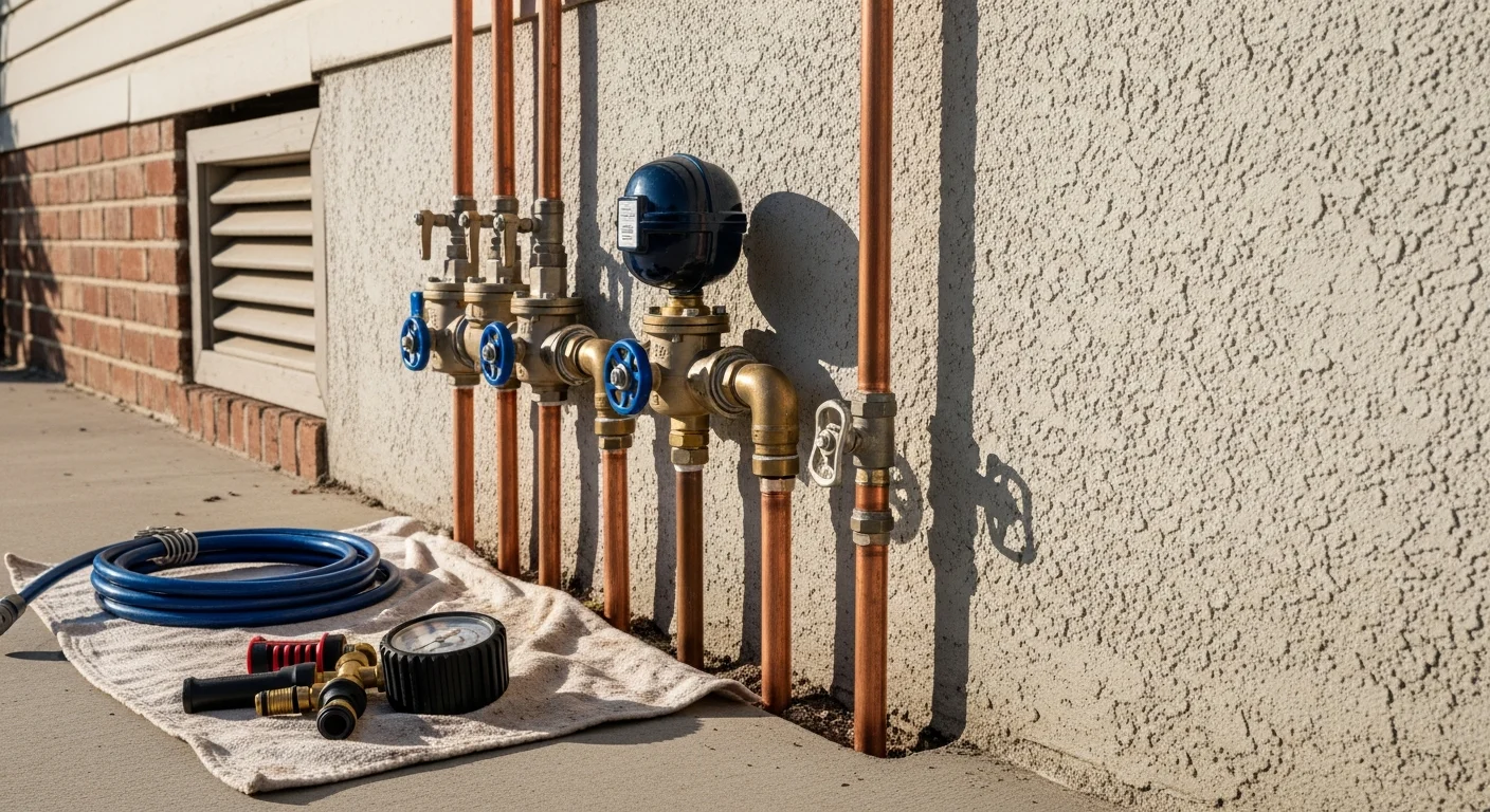 Plumber inspecting outdoor plumbing lines during storm preparation in Galveston