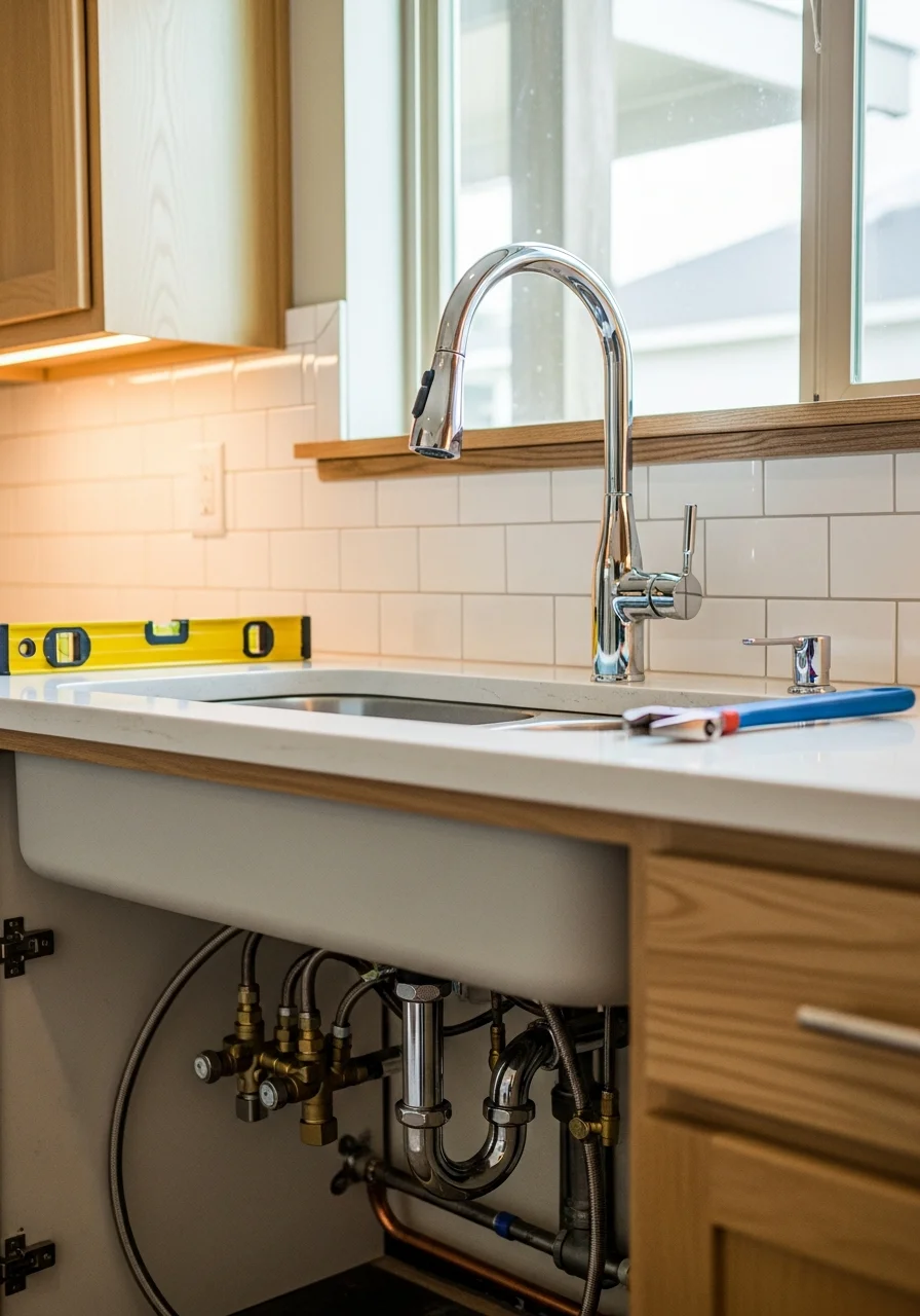 Residential plumbing installation in Bacliff kitchen with modern fixtures and cabinetry