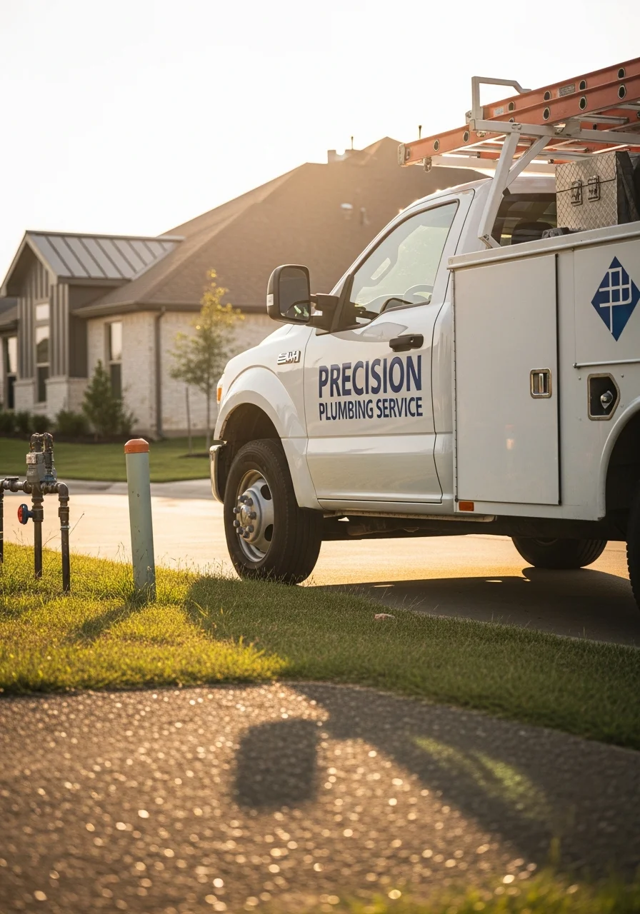 Precision Plumbing Service truck parked in front of Hitchcock home with modern suburban architecture