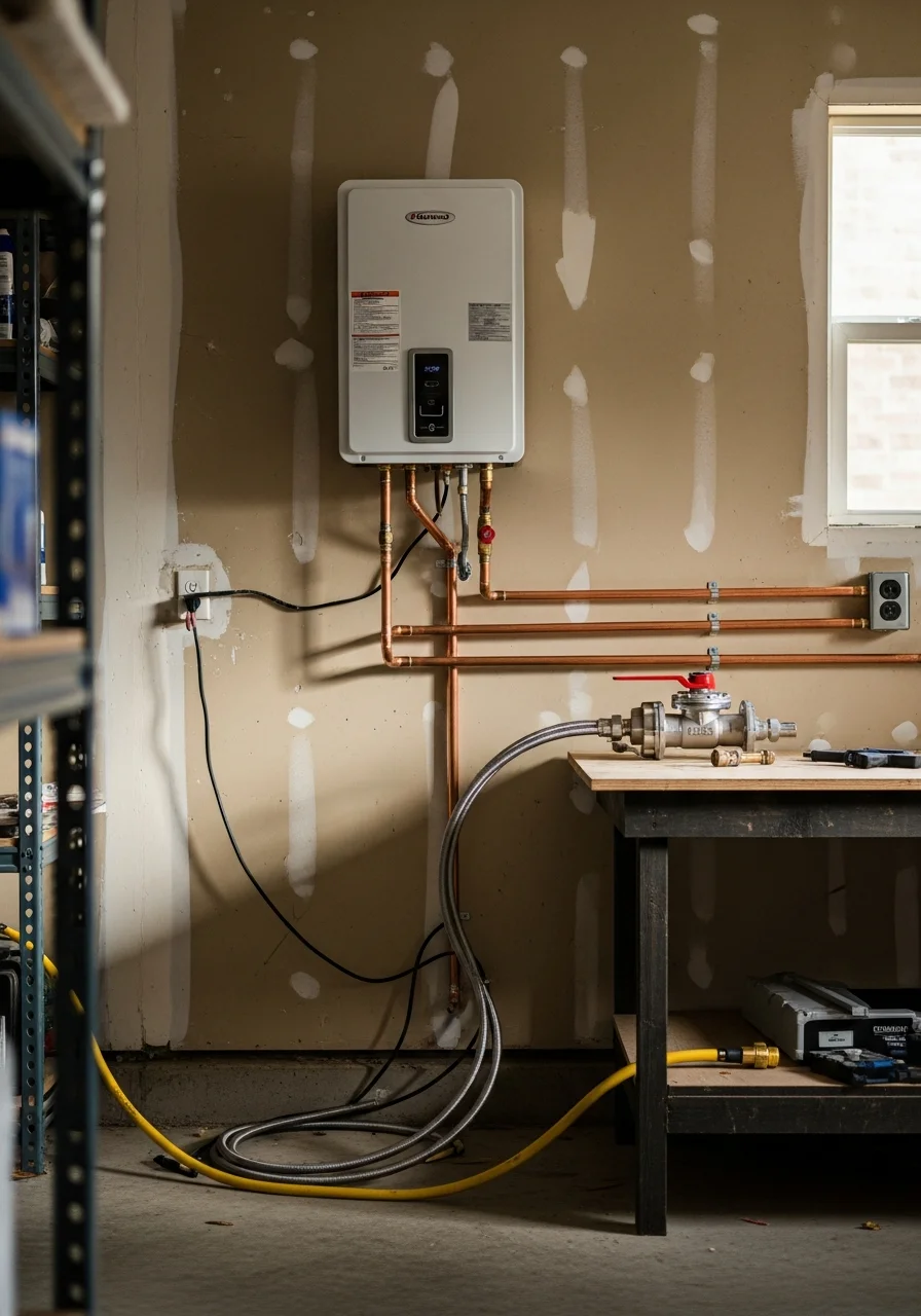 Plumber working on water heater installation in La Marque home