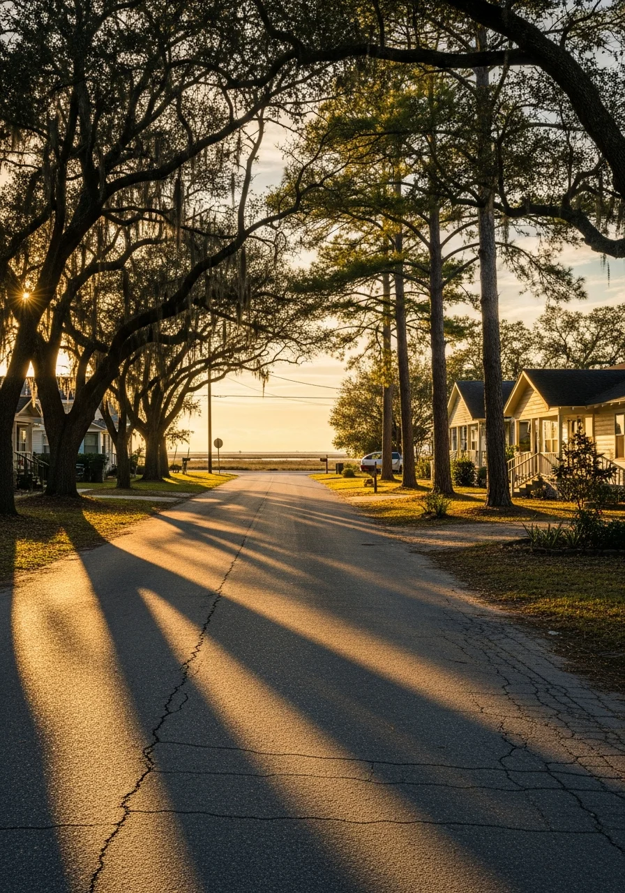 Coastal San Leon neighborhood street with homes and mature trees near the Bayshore area