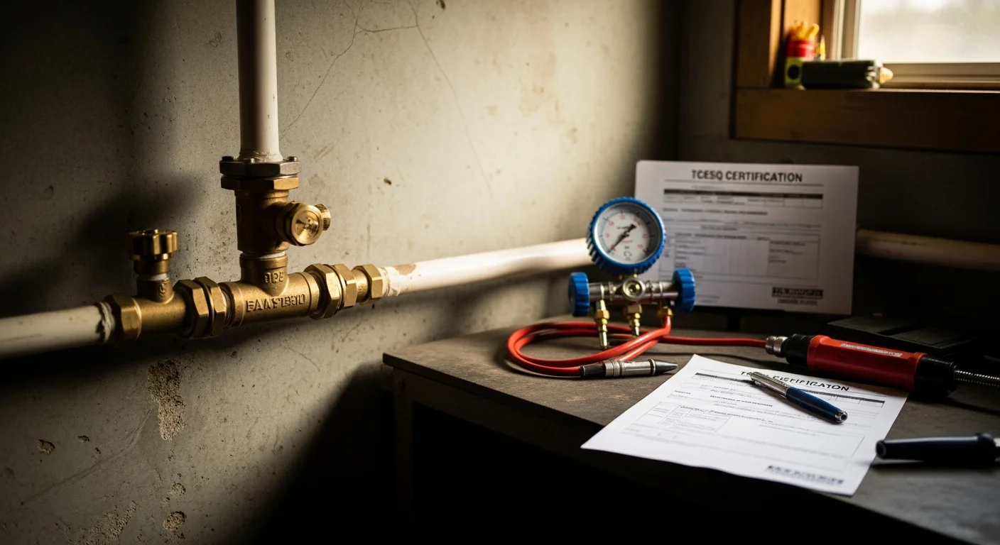 A licensed plumber performing a certified backflow preventer test on an irrigation system at a Galveston County, TX residential property.