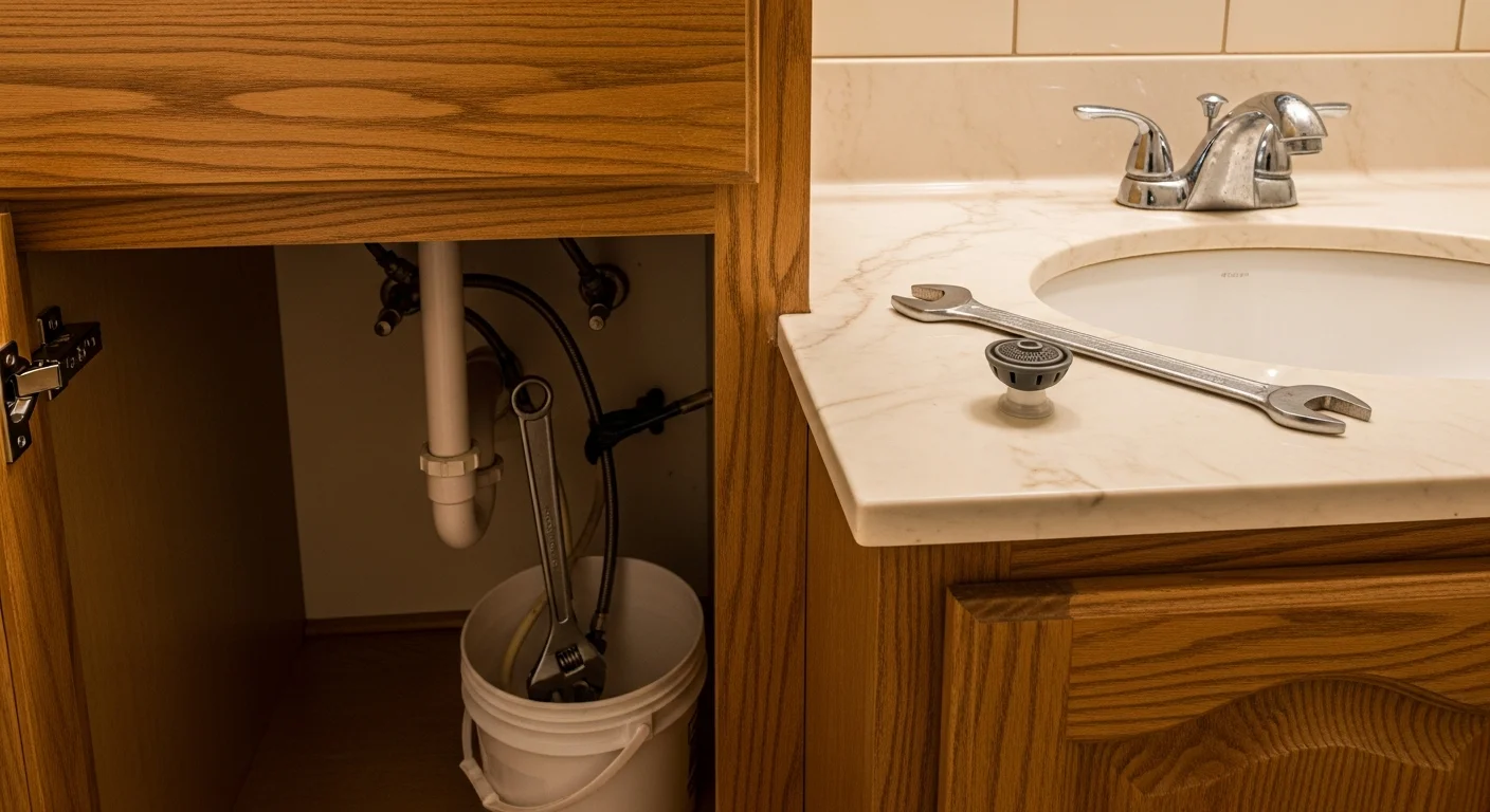 A licensed plumber from Precision Plumbing Service tightening supply line connections beneath a bathroom vanity sink in a Webster, TX home. The cabinet interior is dry and the new shut-off valve and braided supply lines are clearly visible.