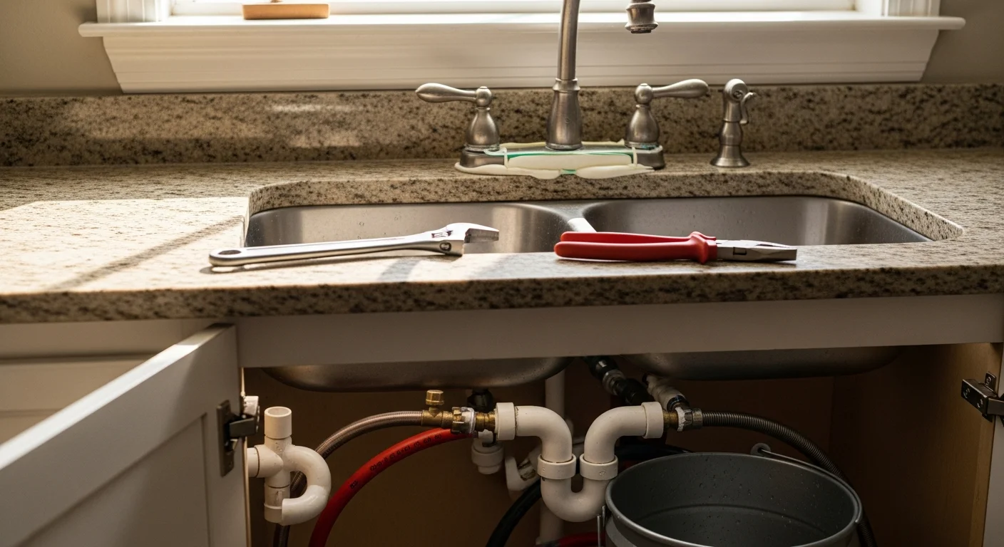 A licensed plumber installing a new kitchen faucet and supply lines in a Galveston County, TX home during a bathroom and kitchen plumbing service visit.