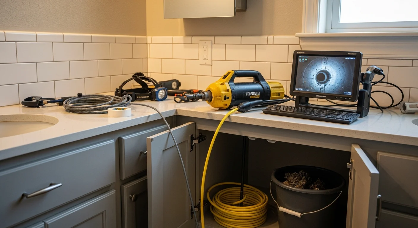 A Precision Plumbing Service plumber using a drain camera to inspect a clogged sewer line at a Webster, TX home. The technician feeds the camera cable into a floor drain while reviewing the pipe footage on a handheld monitor.