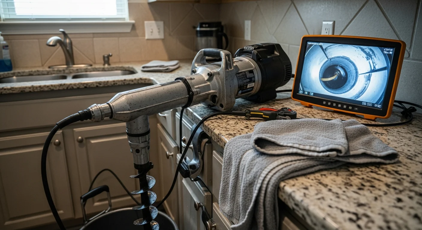 A plumber using a sewer camera inspection system to diagnose a blocked drain line beneath a residential property in Galveston County, TX. The monitor displays the interior of a clay-soil-area sewer pipe with visible root intrusion and debris buildup.
