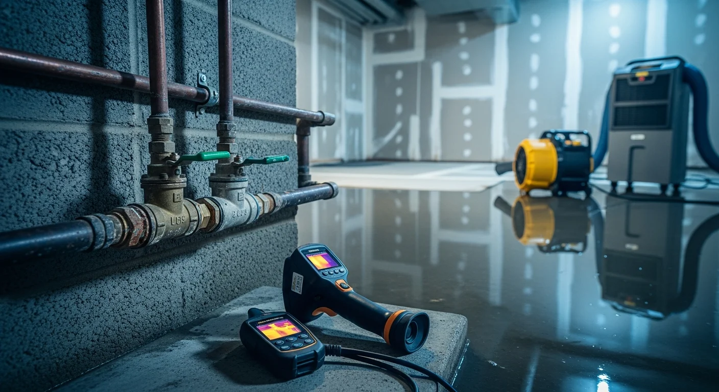 A licensed plumber inspecting a corroded shutoff valve and supply line connection beneath a kitchen sink in a Webster, TX home after flood water intrusion. Visible water staining and pipe discoloration indicate flood-related plumbing damage requiring repair.