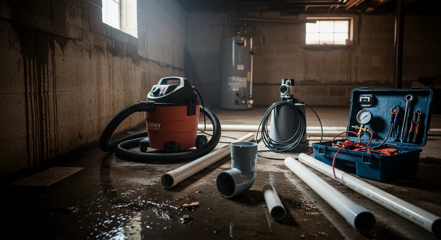 A licensed plumber inspecting a water heater and drain lines in a Galveston County, Texas home after storm flooding. Visible water staining on walls and floor indicates recent flood intrusion from a heavy rain event.