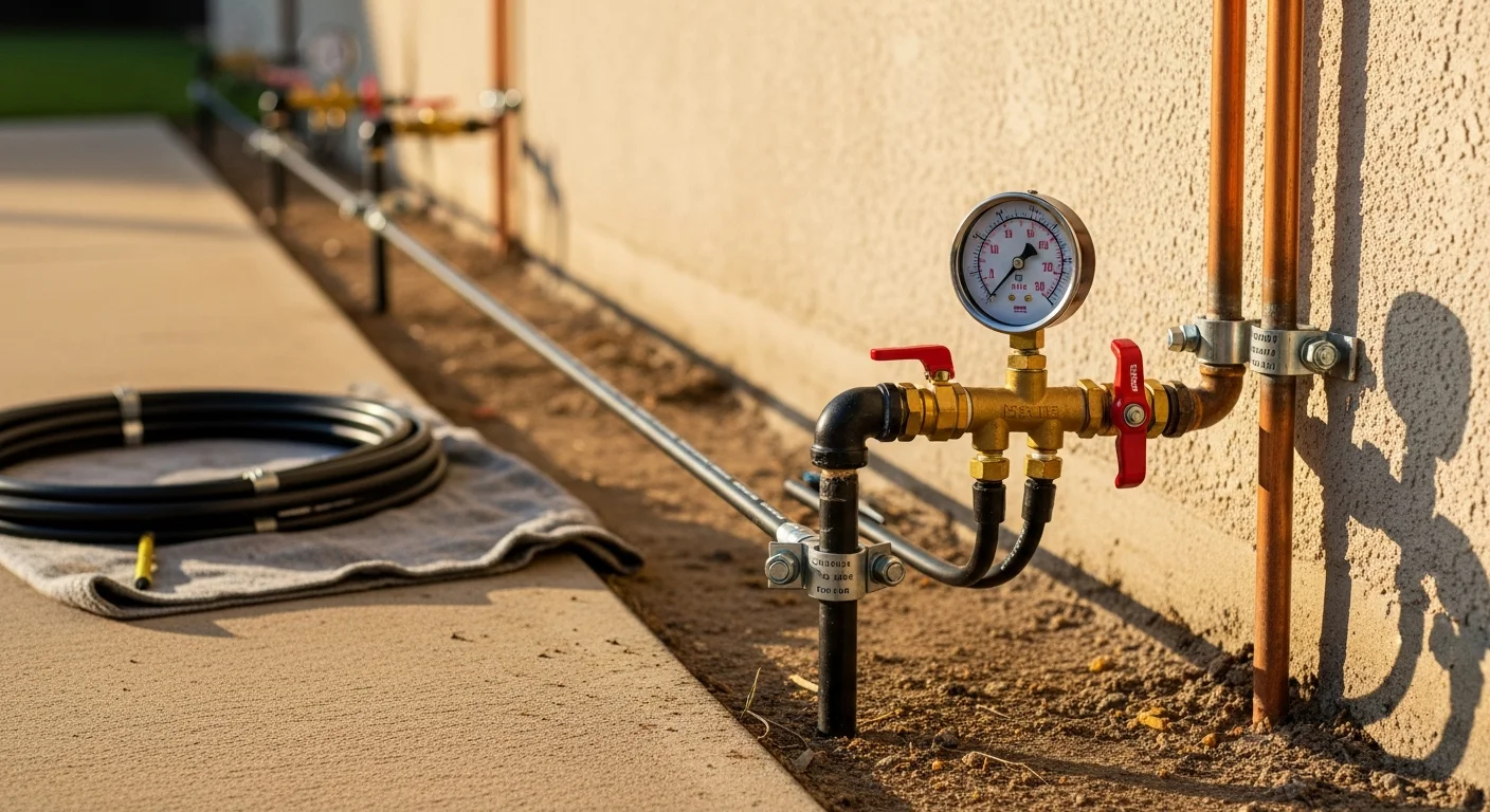 A licensed plumber pressure testing a gas line connection in a Galveston County, TX home during a gas line installation and inspection visit.