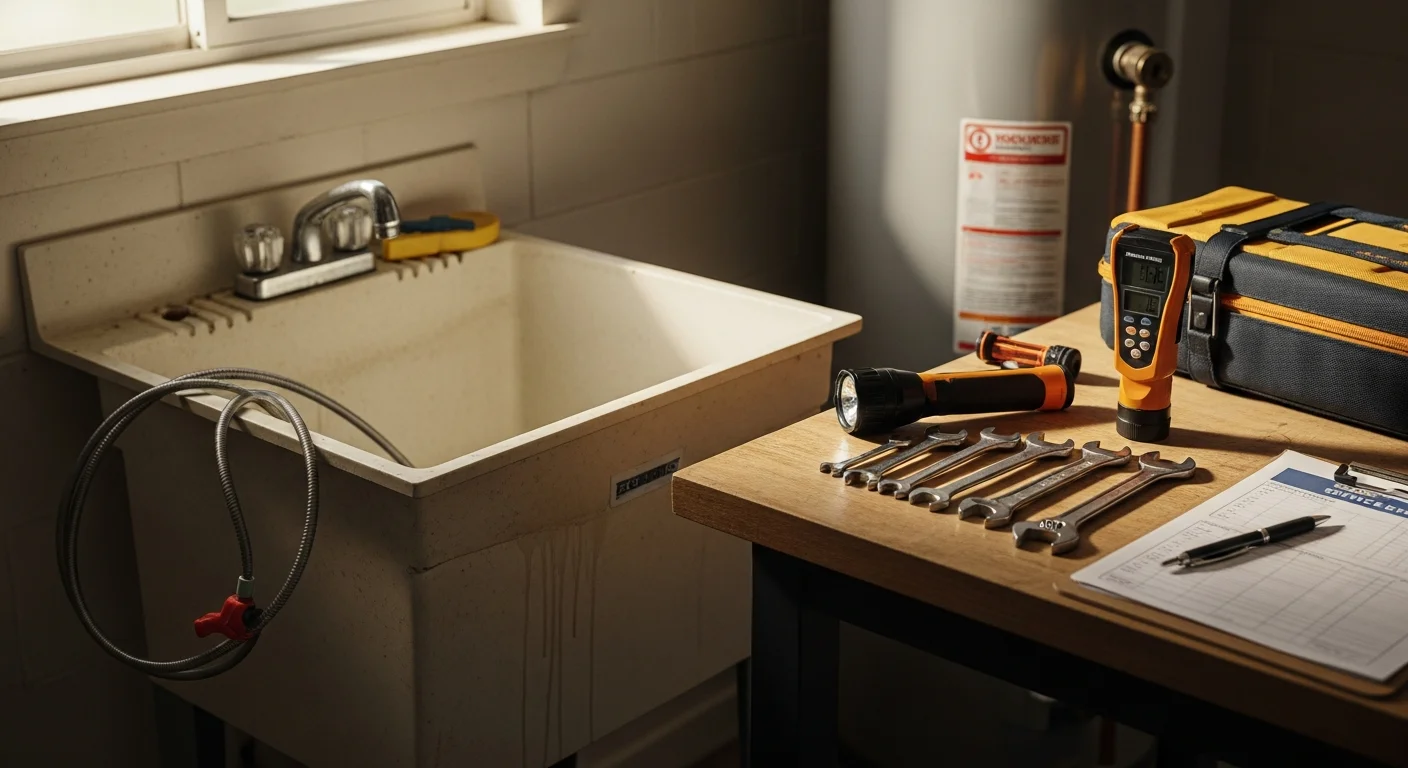 A licensed plumber inspecting the water heater and supply lines inside a Webster, TX rental home during a scheduled landlord maintenance visit. Service documentation forms are visible on a clipboard near the utility closet.