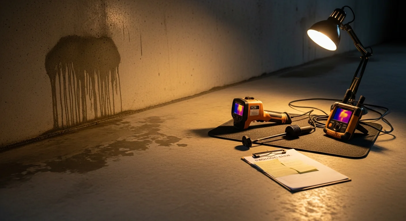 A Precision Plumbing Service plumber using acoustic detection equipment on a concrete slab floor inside a Webster, TX home. The image shows the technician locating a hidden pipe leak beneath the foundation without visible floor damage.