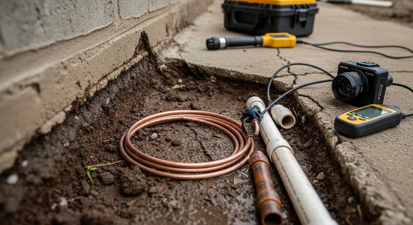 A licensed plumber using a drain camera to inspect a sewer line in a Webster home after hurricane flooding. The image shows the technician reviewing footage of debris-blocked pipe on a monitor outside the property.