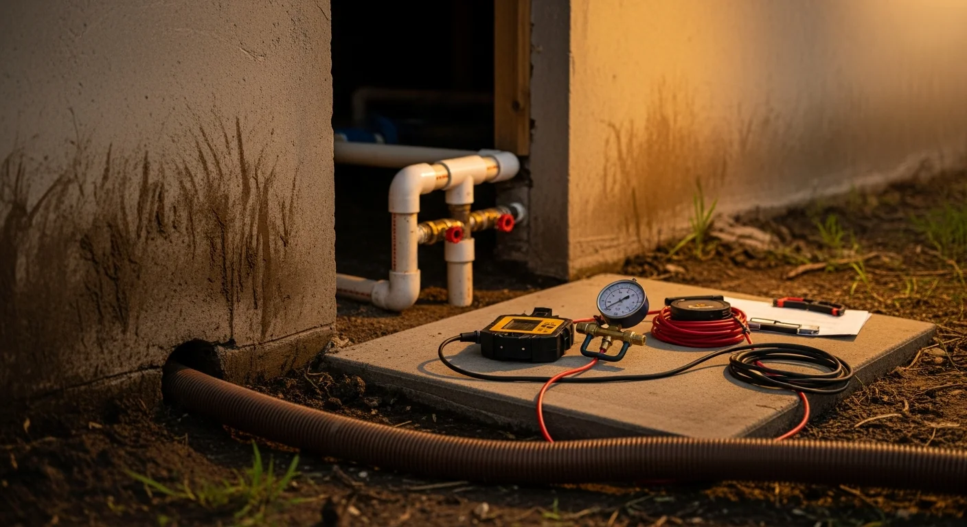 A licensed plumber from Precision Plumbing Service inspecting a burst pipe under a Galveston County, TX home after storm flooding. Water damage is visible along the base of the wall near the repair area.