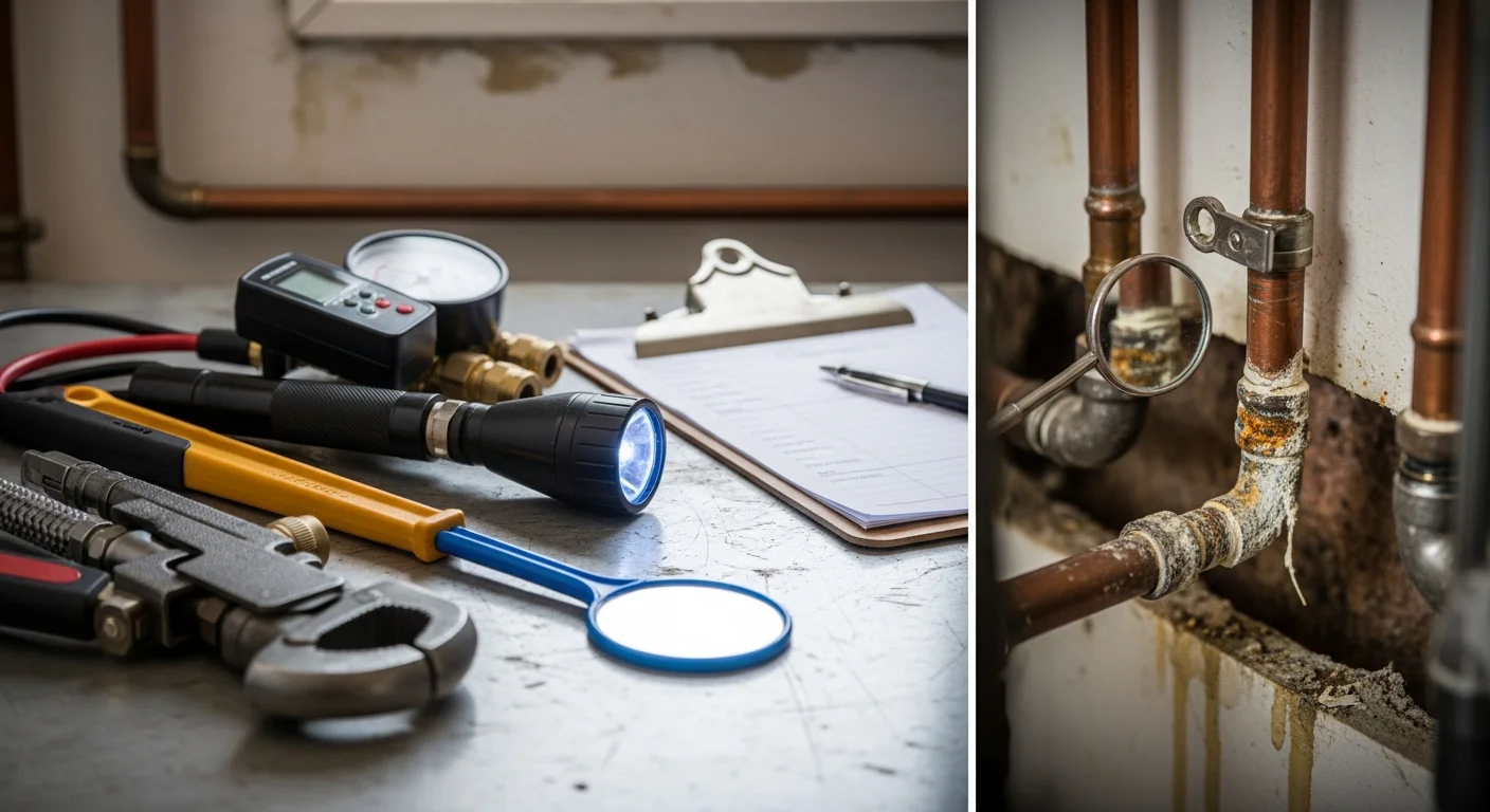 A licensed plumber inspecting supply lines and fixtures beneath a sink inside a Webster, TX rental property during a preventive maintenance visit. The image shows the plumber checking for corrosion and moisture on visible pipe connections in a multi-unit building.