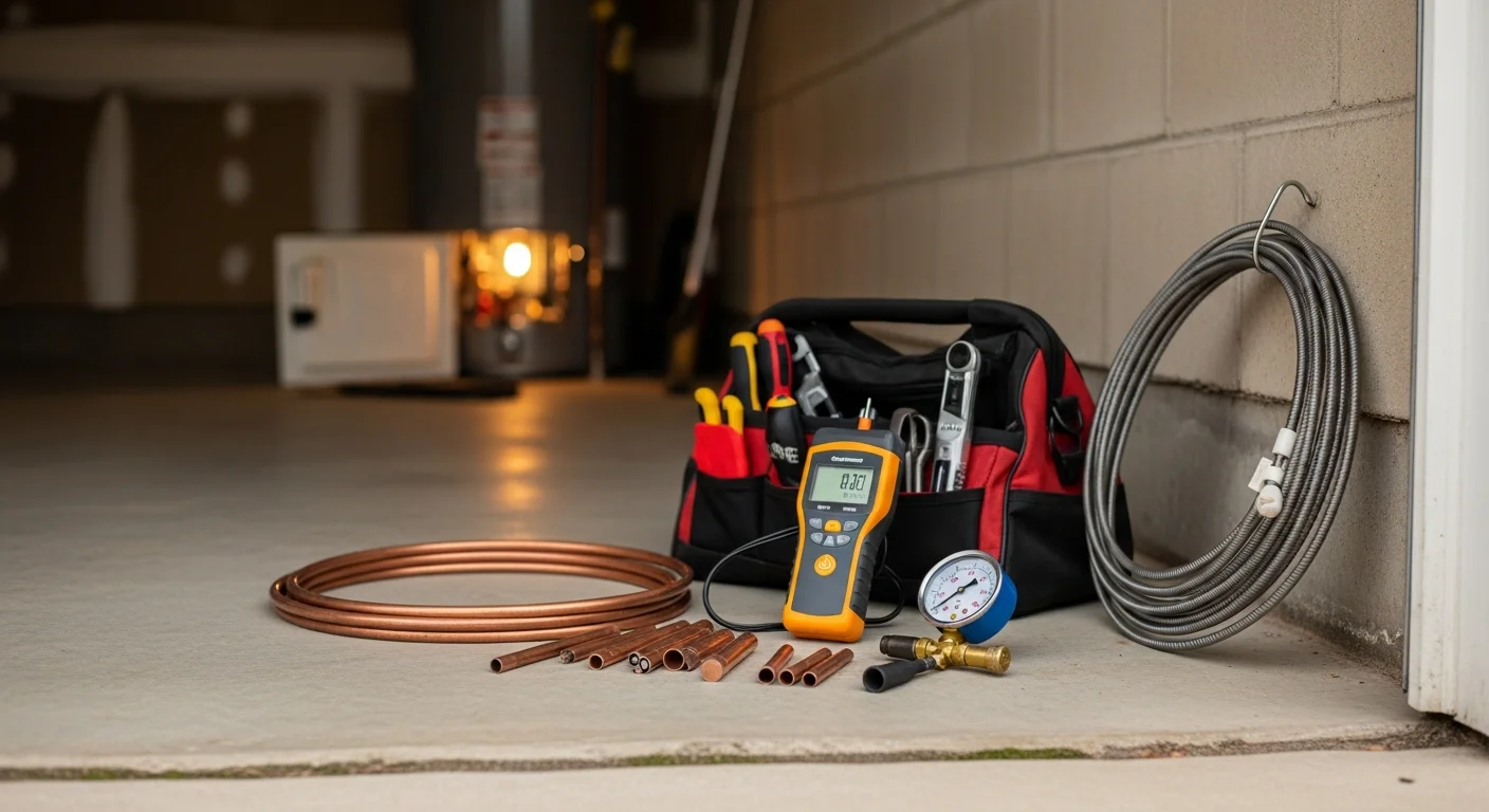 A licensed plumber inspecting the under-sink plumbing in a Galveston County, TX rental unit, with visible pipe connections and shutoff valves in a clean cabinet space. The setting reflects a standard multi-unit residential property managed by a local property management company.