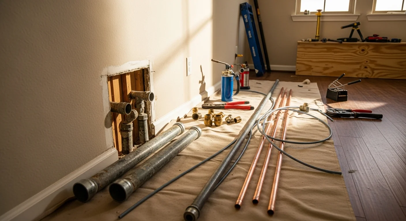A licensed plumber from Precision Plumbing Service installing new supply piping inside the wall of a Webster, TX home during a whole-home re-pipe. Old corroded galvanized pipes are visible alongside the new replacement lines.