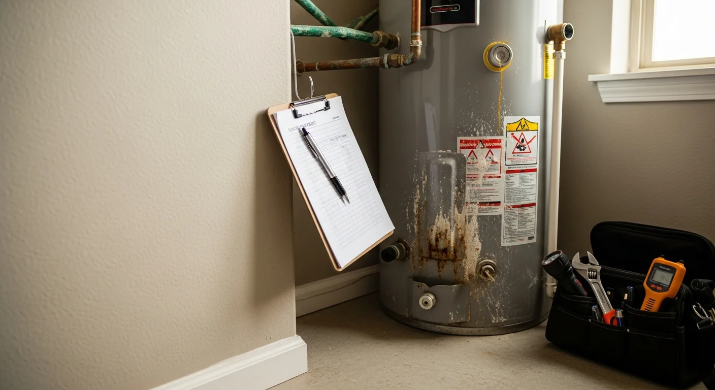 A licensed plumber from Precision Plumbing Service inspecting water supply lines and drain connections beneath a kitchen sink in a Webster, TX rental property. A written inspection checklist is visible on the countertop beside the open cabinet.