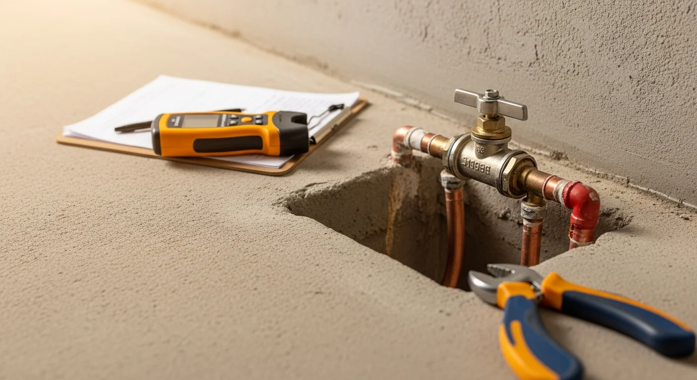 A plumber inspecting the under-sink plumbing and shutoff valves inside a rental property bathroom in Galveston County, TX. Pipes and fixtures are visible in a clean, tenant-ready condition following a maintenance service visit.