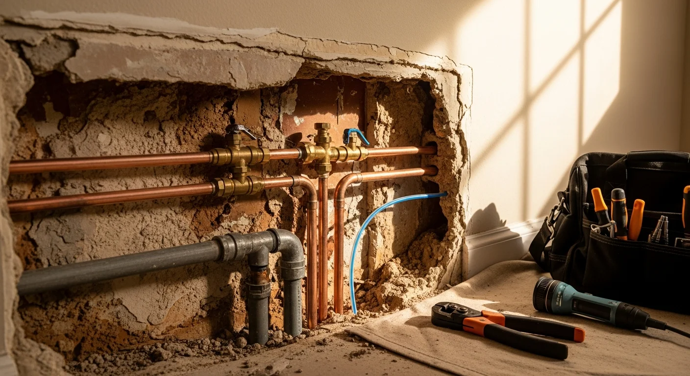 A licensed plumber installing new copper supply lines during a full home repipe in a Galveston County, TX residence.