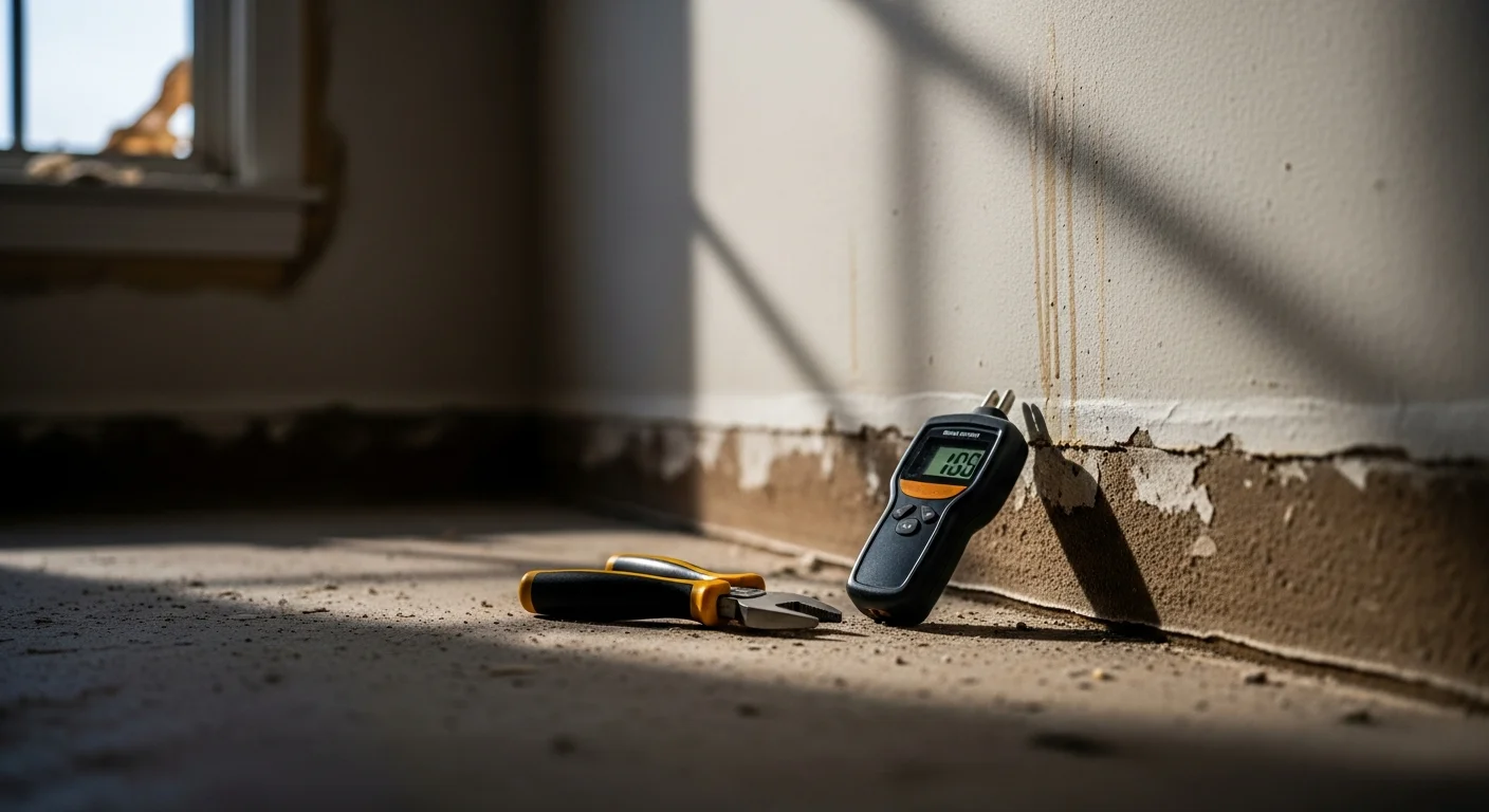 A water damage restoration technician using a moisture meter on an interior wall of a Webster, TX home after a storm. The floor shows signs of water intrusion near a plumbing access point.