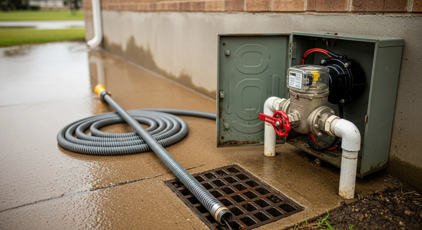 A licensed plumber inspecting outdoor plumbing connections and shutoff valves at a Galveston County, TX home during a pre-hurricane season plumbing preparation visit.