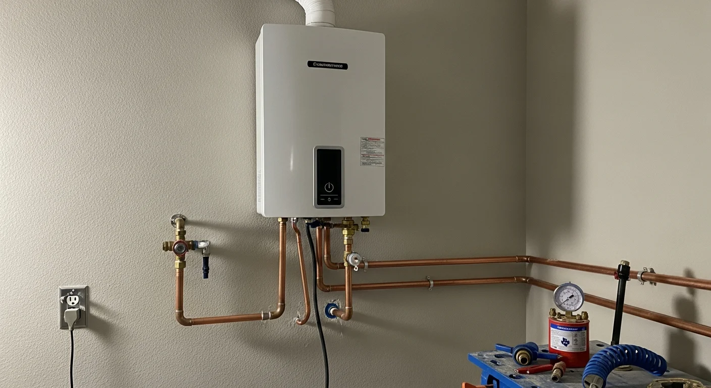 A wall-mounted tankless water heater installed in a Galveston County, TX home utility area, with copper supply lines and a venting pipe connected to an exterior wall.