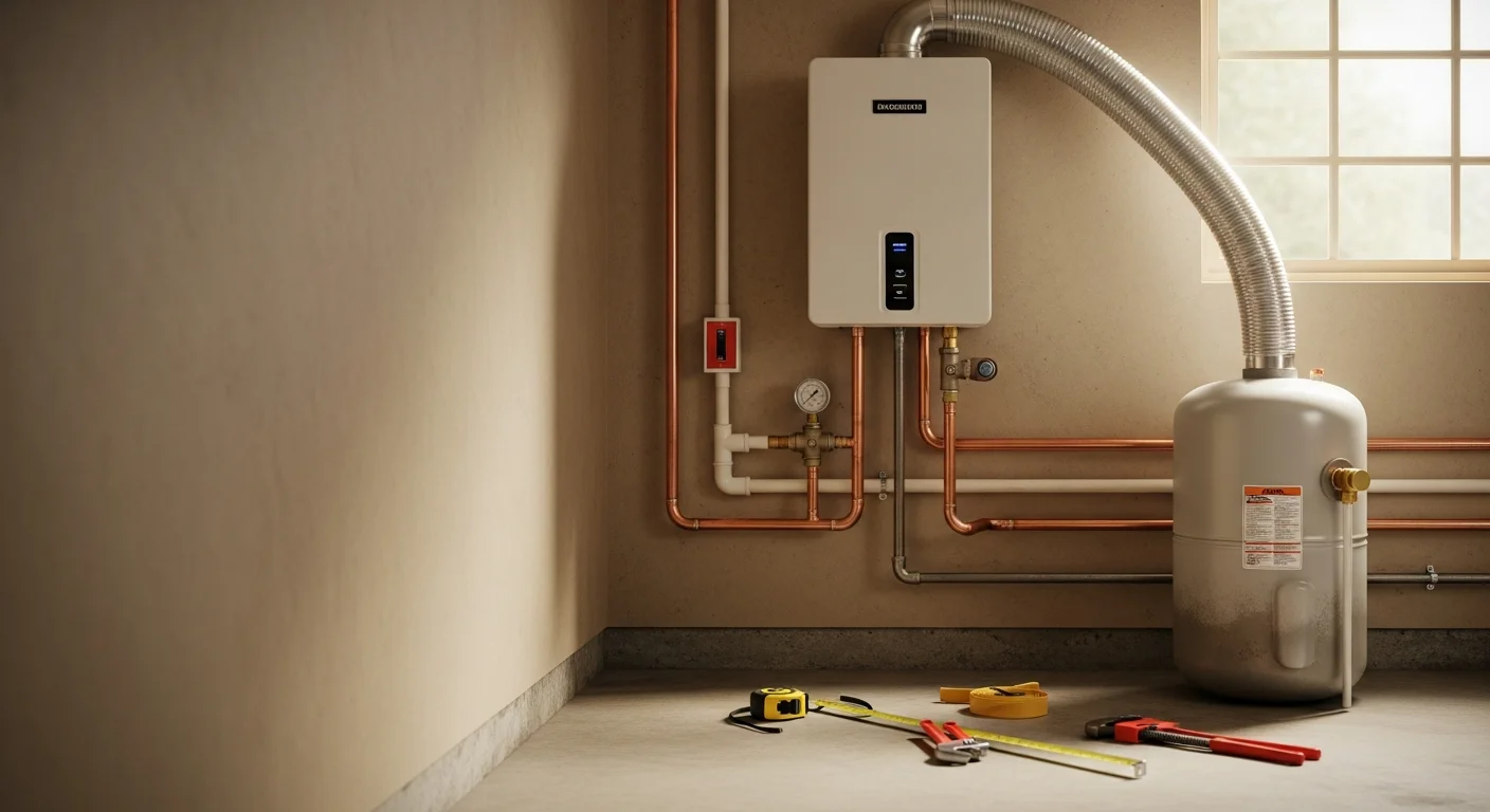 A licensed plumber from Precision Plumbing Service connects water supply lines to a newly installed tank water heater inside a Webster, TX home utility closet. The unit is level, properly vented, and fitted with a temperature and pressure relief valve.