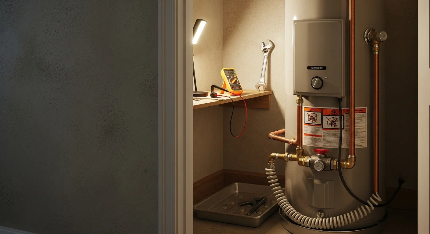 A licensed plumber from Precision Plumbing Service inspecting a tank-style water heater in a Galveston County, TX home utility closet. The technician checks connections and the pressure relief valve during a repair visit.